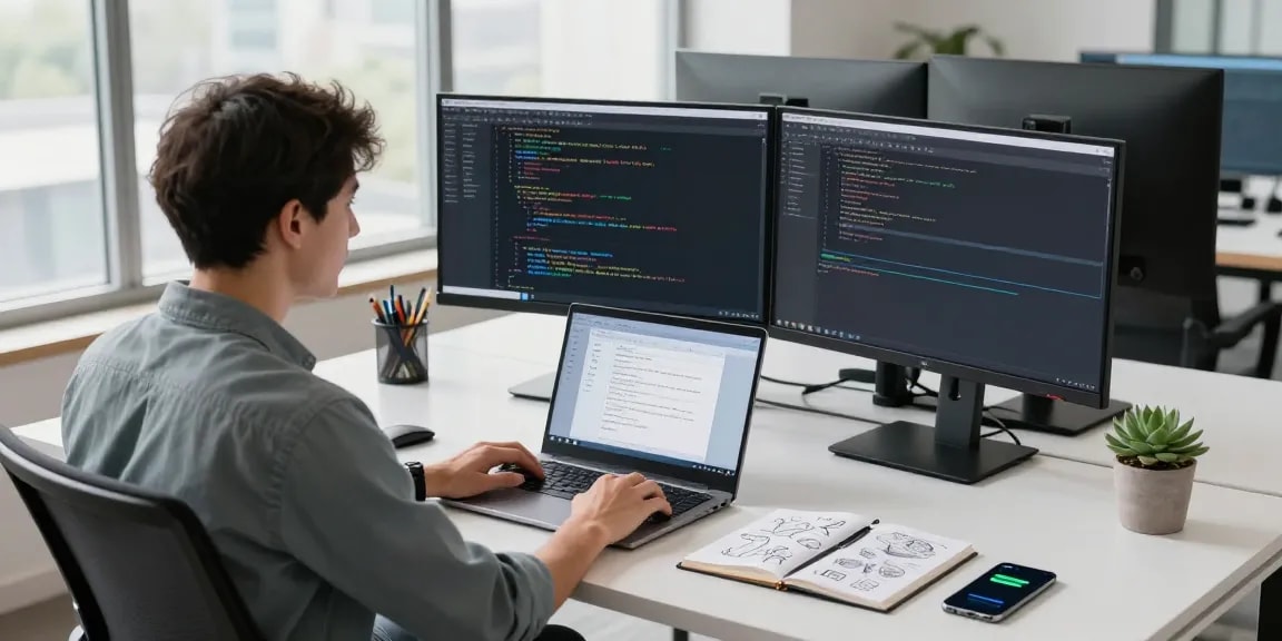 Download WPS Office interface displayed on a laptop in a modern office workspace with coding screens and ambient natural light.