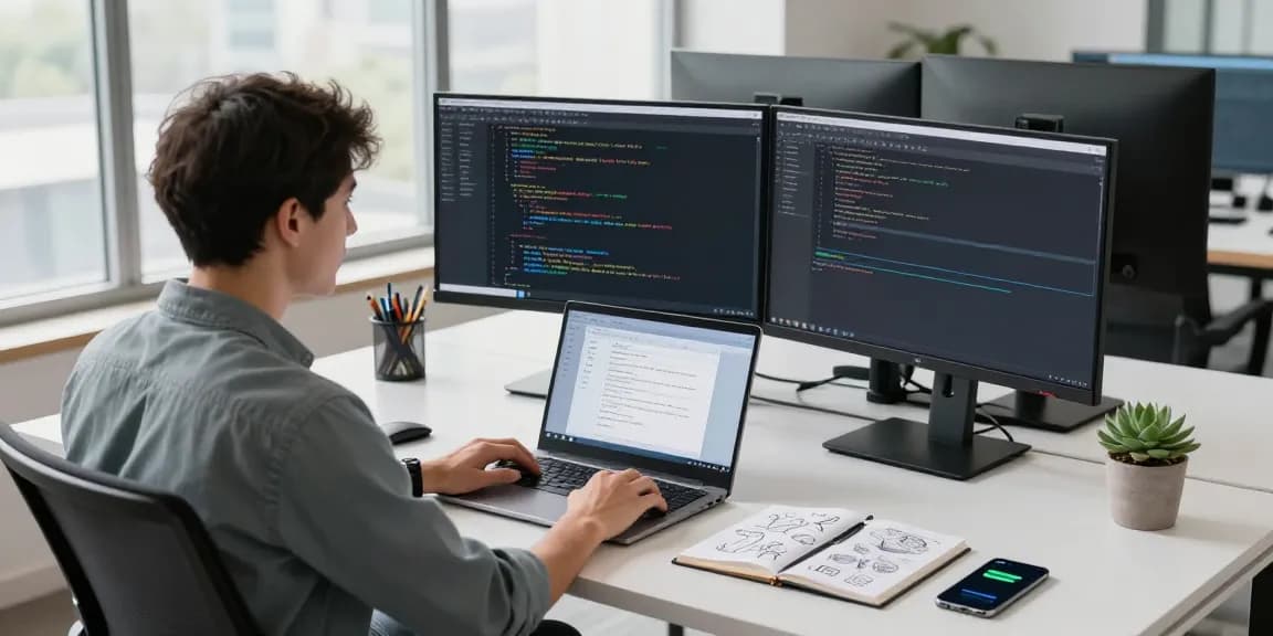 Download WPS Office interface displayed on a laptop in a modern office workspace with coding screens and ambient natural light.