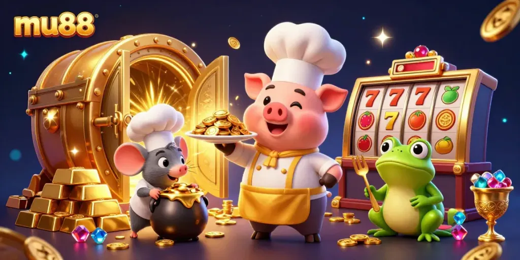 Experience thrilling gaming at mu88 with a unique 3D casino illustration featuring vibrant characters and gold.