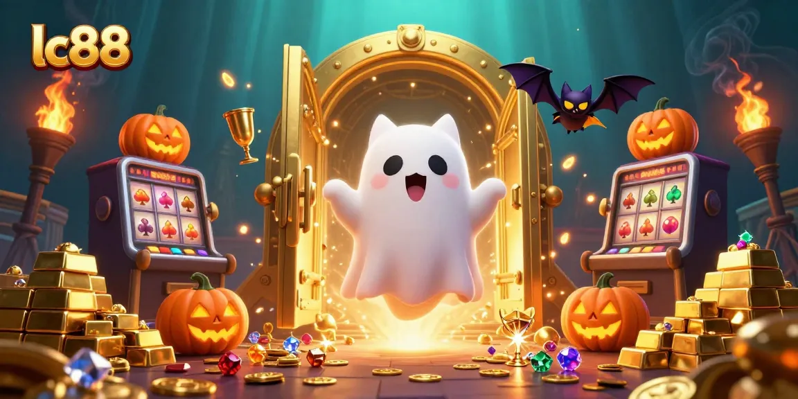 Experience the thrilling adventures of lc88 with a ghost cat and bat in a haunted casino scene.
