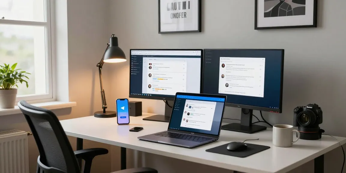 Accessing Telegram Web Version on a modern home office setup featuring dual monitors and tech gear.