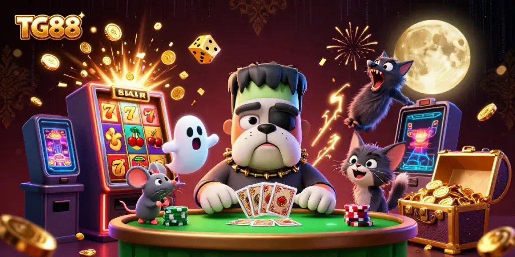 Experience excitement at TG88 with a 3D bulldog dealer and vibrant casino elements.
