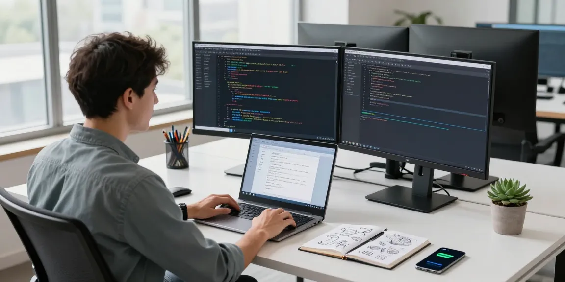 Download WPS Office interface displayed on a laptop in a modern office workspace with coding screens and ambient natural light.