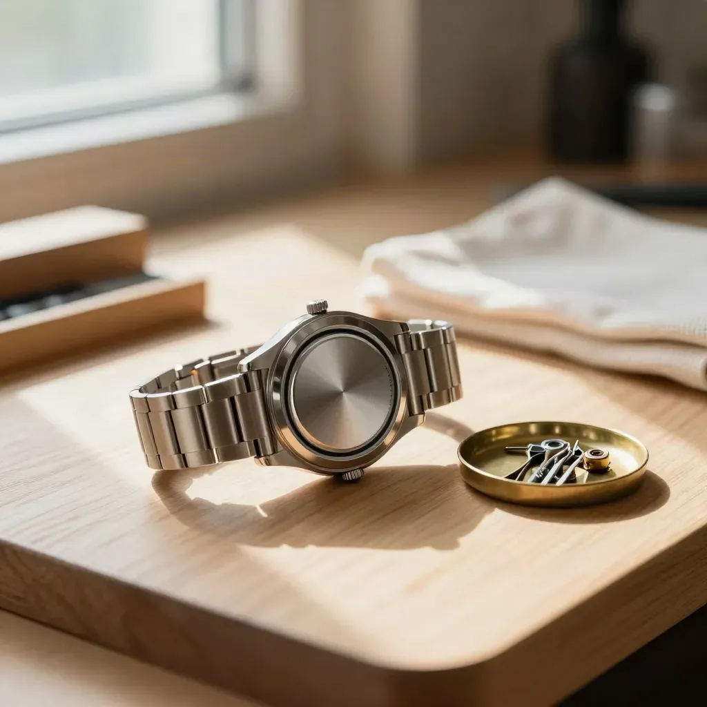 Öppet armbandsur med nytt batteri och delar på ljus träbänk i verkstad.