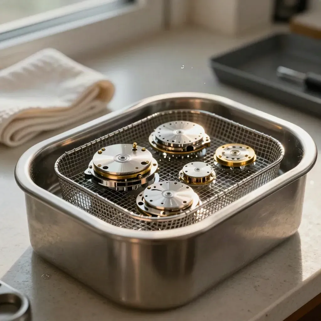 Ultraljudsrengjorda urverksdelar i korg med mässingsskruvar och fin ånga