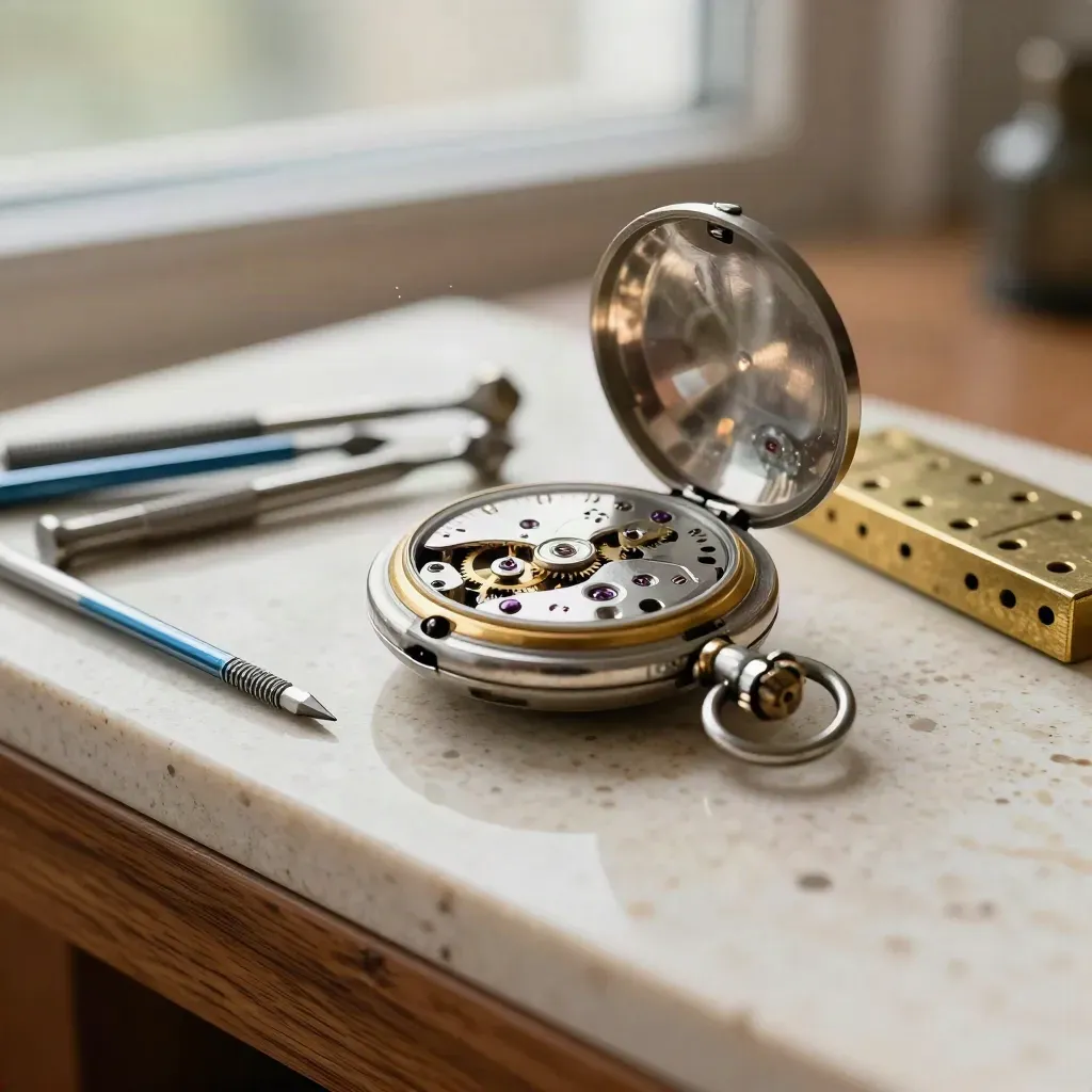 Närbild av en öppen fickklocka med skruvmejslar, mässingsdelar och serviceblock på verkstadsbänk.