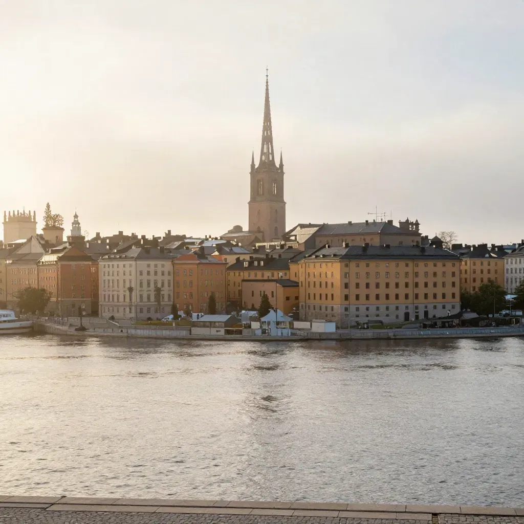Stockholms skyline över Riddarfjärden i gyllene dimma, med Gamla Stan högt och lugnt vatten nedtill.