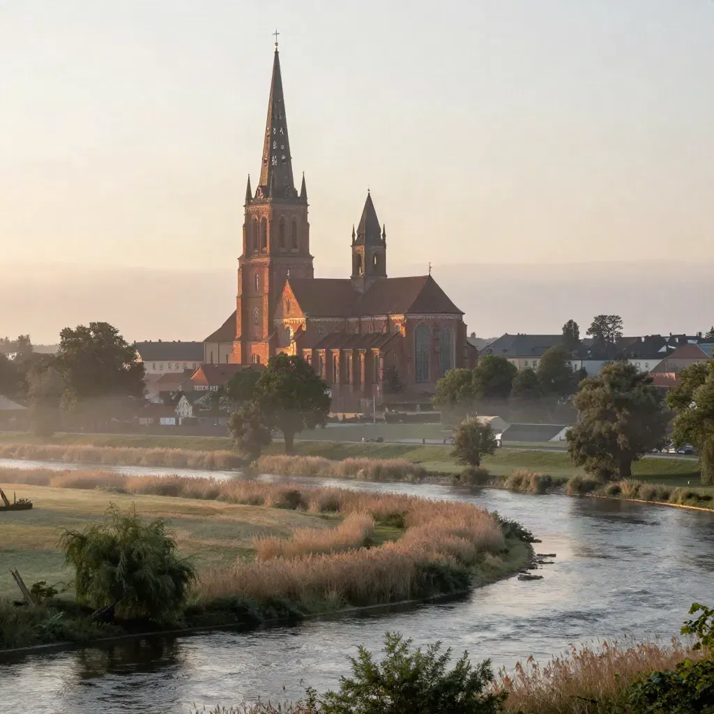 Uppsala domkyrka i morgondimma över Fyrisån och stilla ängar i gyllene gryningsljus