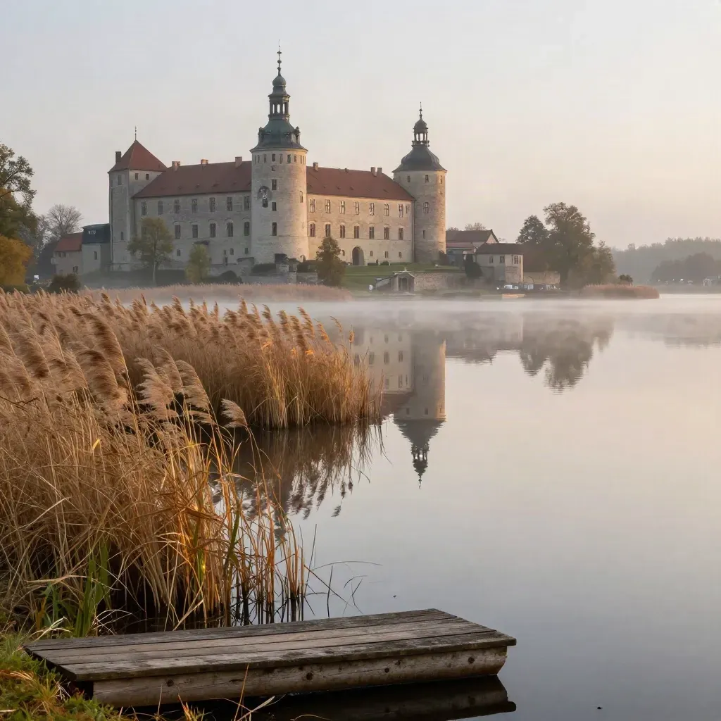 Gripsholm slott speglas i Mälaren med vass och höstdis i mjukt kvällsljus.