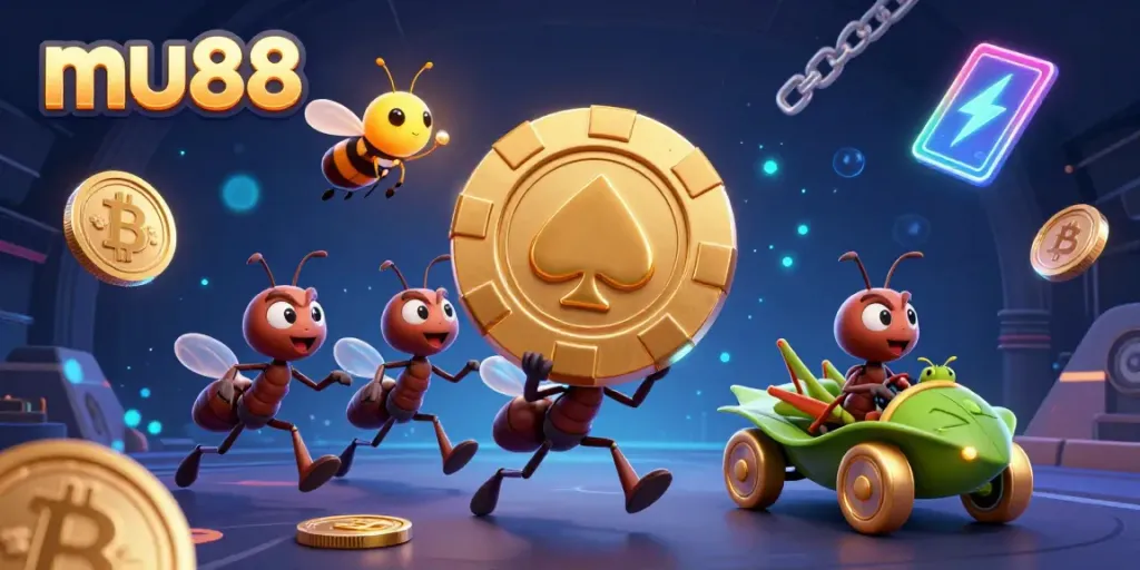 Experience thrilling action with mu88 as ants carry giant poker chips through a vibrant casino.