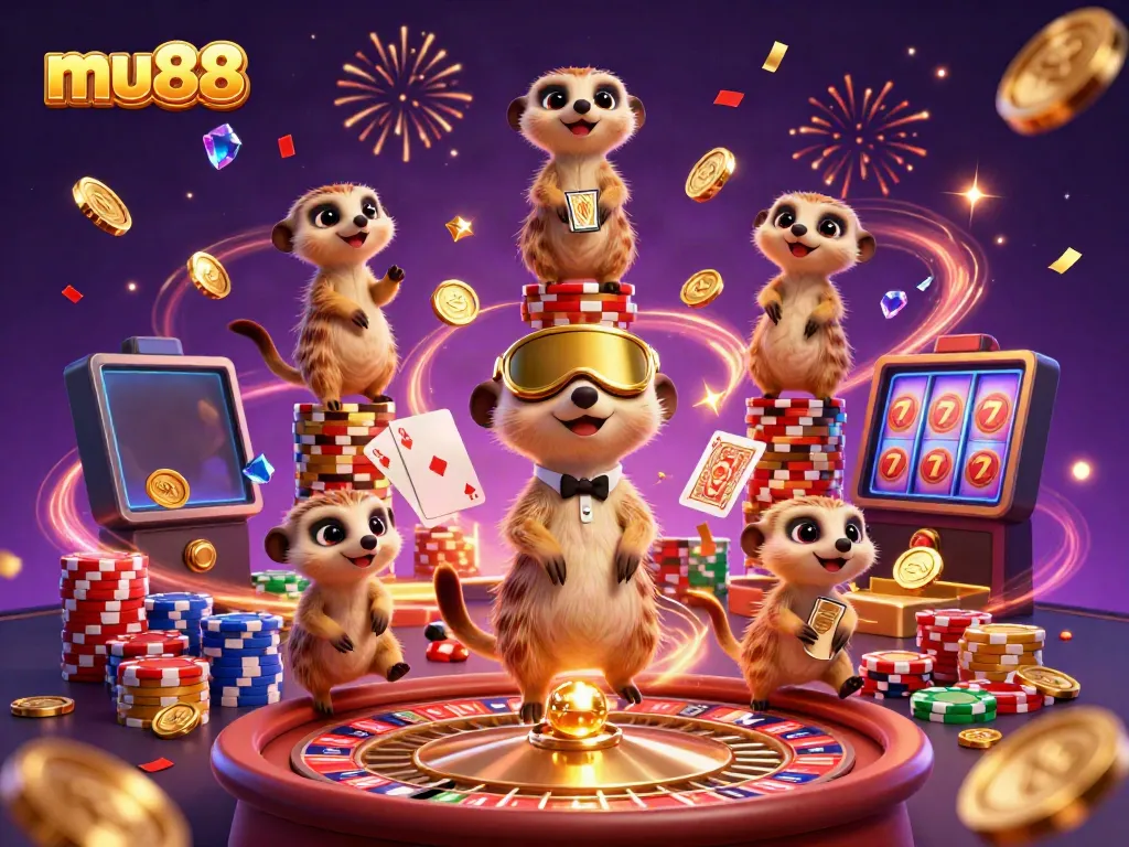 Experience the excitement of mu88 with meerkats orchestrating a lively casino scene, showcasing vibrant gameplay elements.