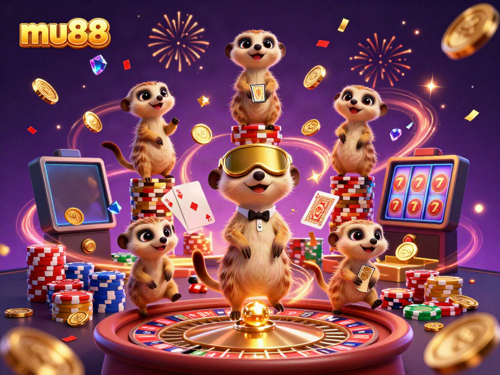 Experience the excitement of mu88 with meerkats orchestrating a lively casino scene, showcasing vibrant gameplay elements.