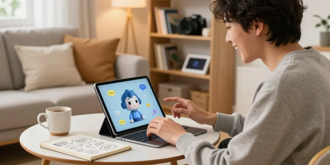 Interactive session with crush on ai character on tablet, cozy indoor atmosphere.