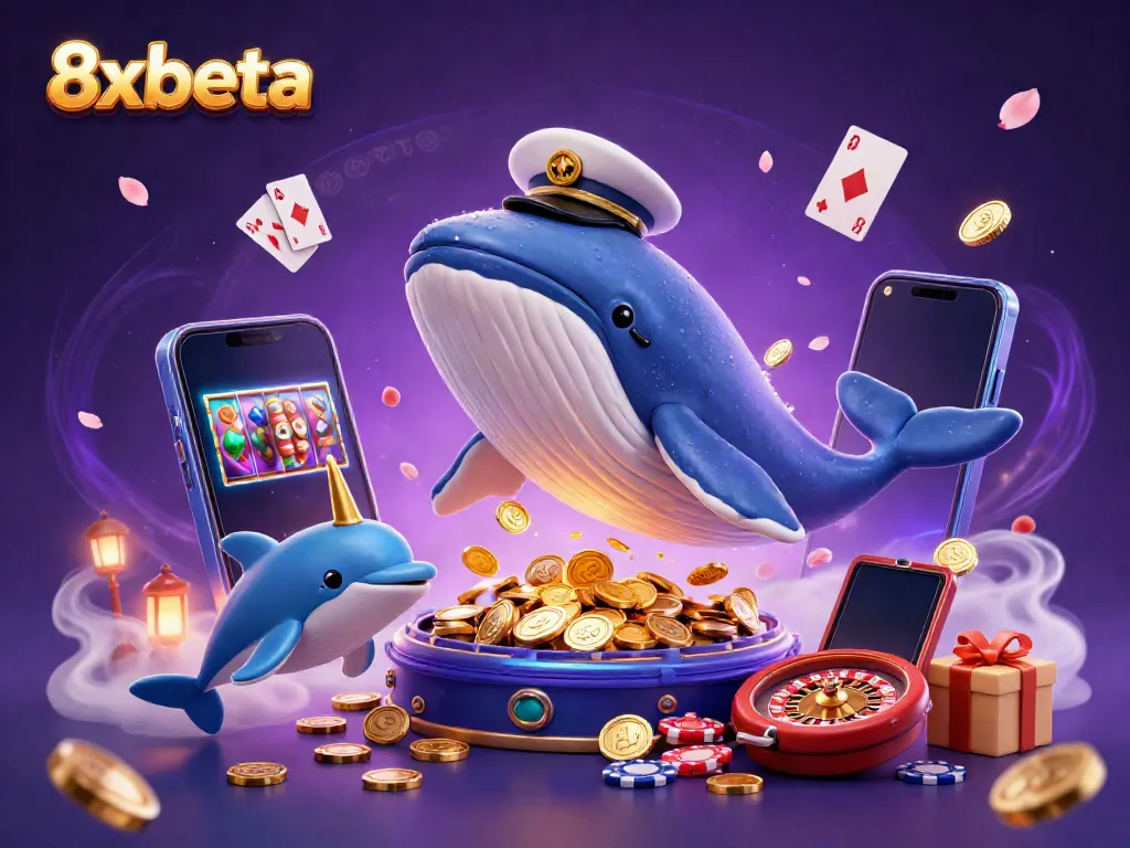 Experience the vibrant 8xbeta casino adventure with 3D cartoon characters diving into golden coins and games.