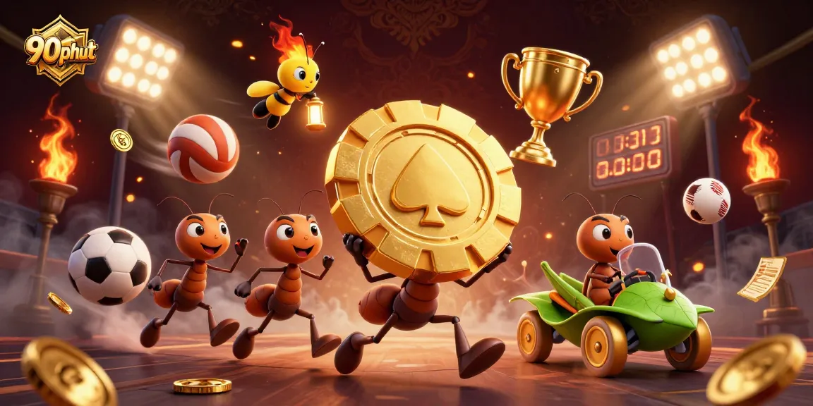 90phut captures dynamic sports excitement with animated ants, firefly lookout, and golden heist elements.