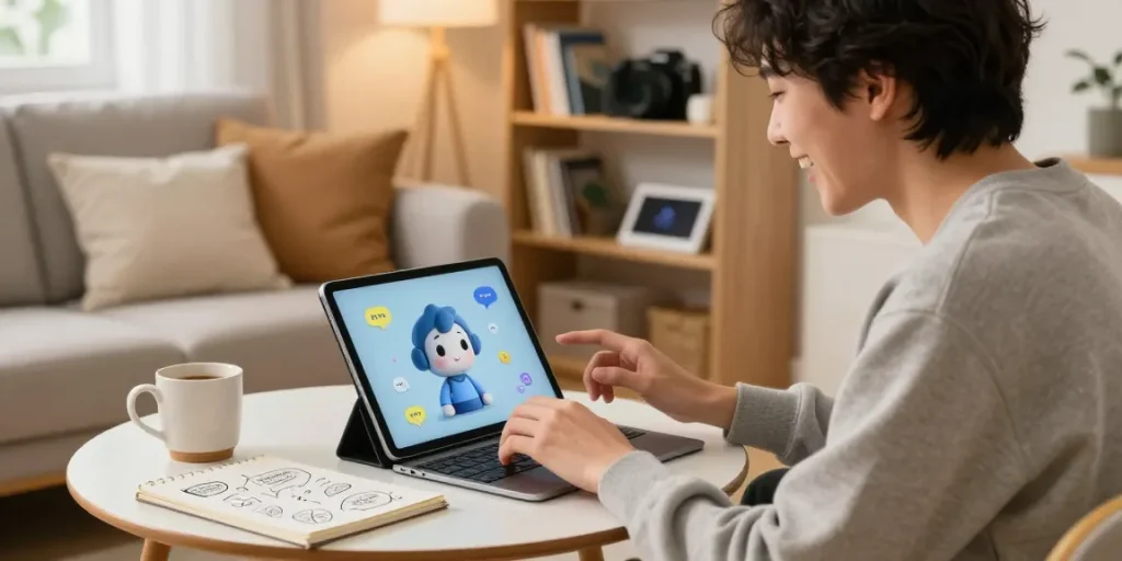 Interactive session with crush on ai character on tablet, cozy indoor atmosphere.