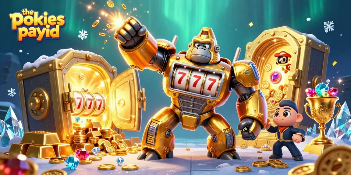 The pokies payid showcases a 3D golden gorilla mech surrounded by treasure in a vibrant casino scene.